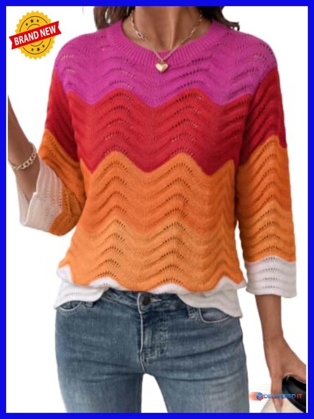 Dokotoo Women's 3/4 Sleeve Crochet Knit Crewneck Sweater, Color Block Wave
